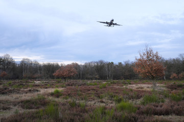 Wahner Heide im Winter am Flughafen Köln/Bonn mit Flugzeug im Anflug - Stockfoto