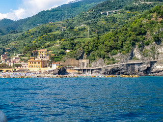 Fototapeta na wymiar Monterosso al Mare high season beach view, Cinque Terre, Liguria Italy