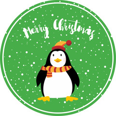 Cute Penguin happy merry christmas card on green background vector illustration