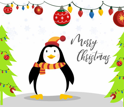 Cute merry christmas background with funny penguin vector illustration
