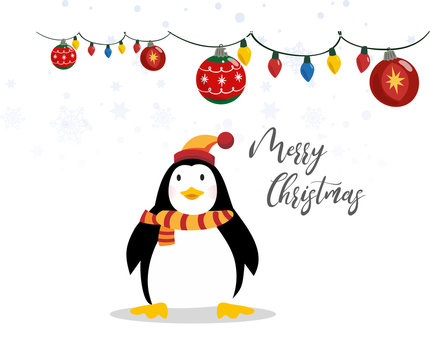 Cute merry christmas banner with funny penguin on the white background vector illustration