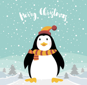 merry christmas background with funny penguin vector illustration
