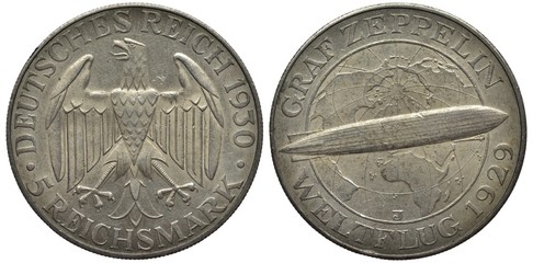 Germany German Weimar Republic silver coin 5 five marks 1929, subject Duke Zeppelin blimp world flight, eagle at center, blimp in front of the globe,  © Yaroslav