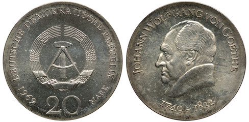 East Germany German silver coin 20 twenty mark 1969, subject 220th Anniversary Birth of Johann...
