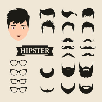 Big vector set of dress up constructor with different men hipster haircuts, glasses, beard, mustache, bikes in trendy flat style. Male faces icon creator.