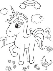 Cute Unicorn Coloring Page Vector Illustration Art