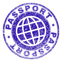 PASSPORT stamp imprint with distress texture. Blue vector rubber seal imprint of PASSPORT text with corroded texture. Seal has words placed by circle and globe symbol.