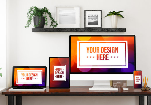4 Devices in Home Office Mockup