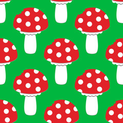 Cartoon Amanita muscaria fly agaric mushroom icon. Wild forest mushrooms vector illustration. Seamless pattern