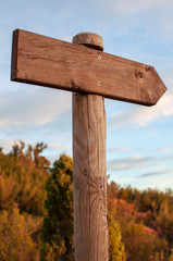 Wooden pole pointing way or mountain path empty with copy space