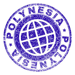 POLYNESIA stamp print with grunge texture. Blue vector rubber seal print of POLYNESIA tag with dust texture. Seal has words arranged by circle and globe symbol.