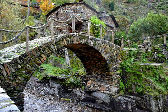 Traditional Houses and Bridges at Foz de Egua, near Piodao, remote village in Central Portugal