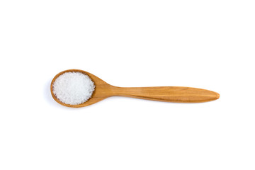 top view salt in a wooden spoon