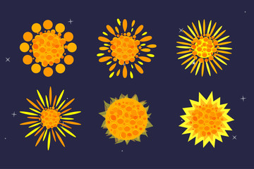 Set of icons of the sun in a cartoon style. Cartoon vector illustration.
