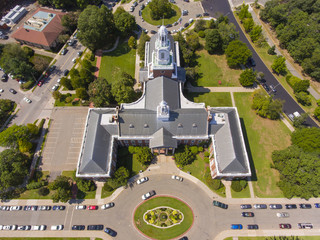 Newton City Hall aerial view in downtown Newton, Massachusetts, USA.