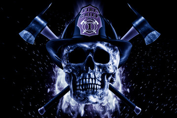 Firefighter skull and axe in blue fire on a black background. Photo manipulation artwork, 3D rendering. - 240784397