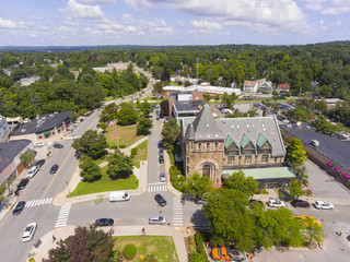 Historic building in Union Street Historic District aerial view in Newton Centre, Massachusetts,...