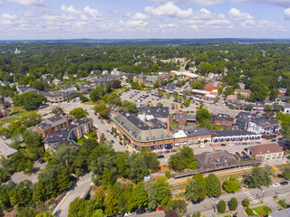 Fototapeta na wymiar Historic building in Union Street Historic District aerial view in Newton Centre, Massachusetts, USA.