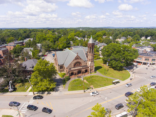 Fototapeta na wymiar First Baptist Church aerial view in Newton Centre, Massachusetts, USA.