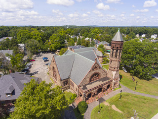 First Baptist Church aerial view in Newton Centre, Massachusetts, USA.