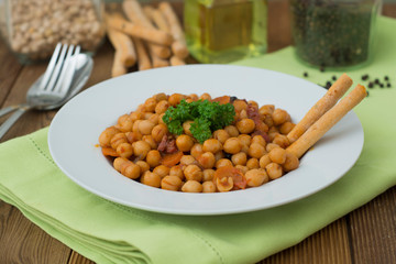 Cooked Chickpeas. Healthy food nutritious food. Vegetarian food over wooden board.