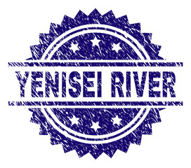 YENISEI RIVER stamp seal watermark with distress style. Blue vector rubber print of YENISEI RIVER caption with dust texture.