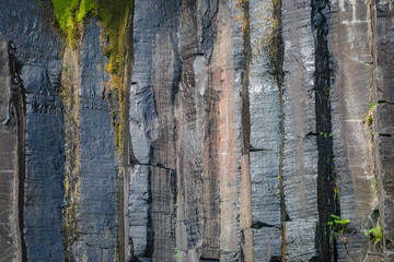 Black basalt columns of famous waterfall Svartifoss on South Iceland, summer time