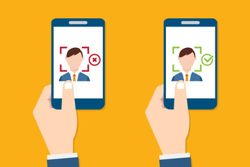  Facial recognition technology, Face ID concept, smart phone focus in a users face. EPS10 vector illustration in a flat style.