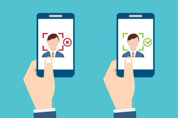  Facial recognition technology, Face ID concept, smart phone focus in a users face. EPS10 vector illustration in a flat style.