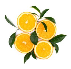 Citrus fruits isolated on white background. Pieces of orange isolated on white background, with clipping path. Top view.