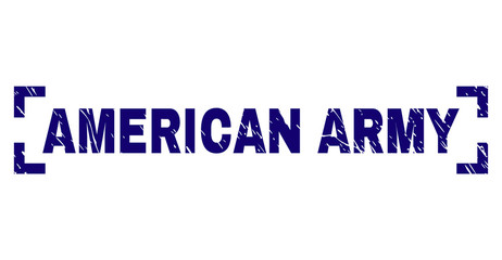 AMERICAN ARMY text seal print with corroded style. Text label is placed inside corners. Blue vector rubber print of AMERICAN ARMY with dirty texture.