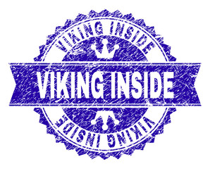 VIKING INSIDE rosette stamp seal watermark with grunge style. Designed with round rosette, ribbon and small crowns. Blue vector rubber watermark of VIKING INSIDE label with scratched style.