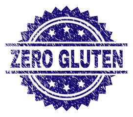 ZERO GLUTEN stamp seal watermark with distress style. Blue vector rubber print of ZERO GLUTEN label with scratched texture.