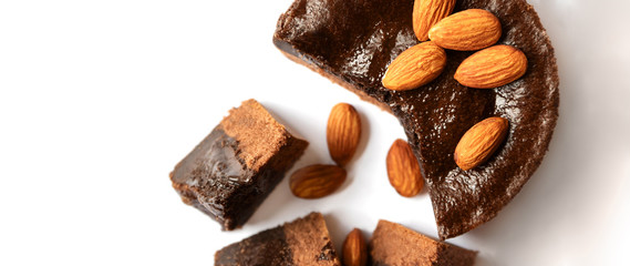Chocolate cake on a white background.