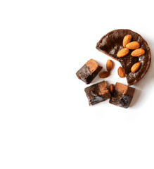 Chocolate cake on a white background.