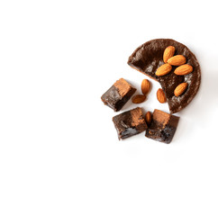 Chocolate cake on a white background.