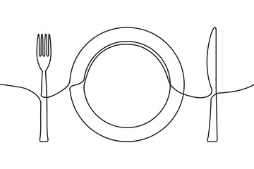 One continuous line illustration of plate, knife and fork. Vector.