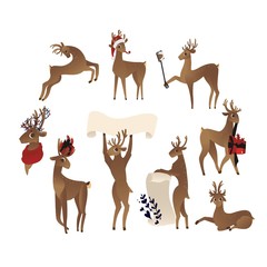 vector cute christmas reindeer set. Funny winter characters making selfie by smartphone with stick, holding poster, present in horns. Merry christmas holiday design animal, isolated illustration