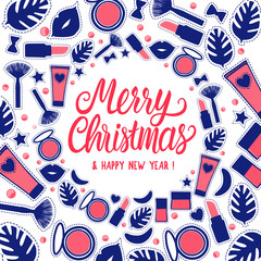 Merry Christmas lettering. Card fashion style with cosmetic bottles. Vector illustration isolated on white. Winter color