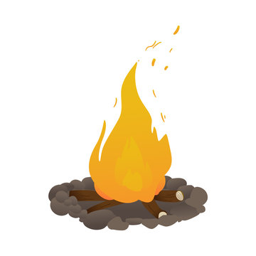 Vector burning bonfire cartoon icon. Camping tourism attribute for warm, light and food preparation. Natural fire made of flammable firewood. Isolated illustration