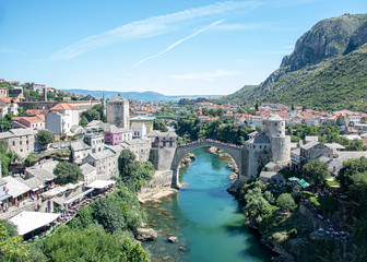 Fototapeta na wymiar Stari Most is a rebuilt 16th-century Ottoman bridge in the city of Mostar in Bosnia and Herzegovina The original stood for 427 years, until it was destroyed on 9 November 1993
