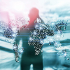 Global World Map Double Exposure Network. Telecommunication, International business Internet and technology concept.