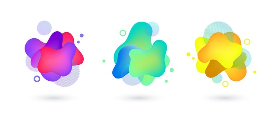 Vector vivid gradient spots with geometric symbols set on isolated background. Abstract elements for trendy vibrant color design. Fluid blots, wavy dops, flowing elements. Plasma splash illustration