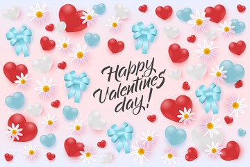 Happy Valentine Day greeting banner or card with realistic 3d heart shapes, bows and flowers on pastel pink background - vector illustration of romantic floral love congratulation for 14 February.