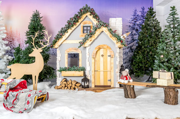 New Year's house with deer and trees, a winter house in the forest, a fairy tale, miracles, sledges.