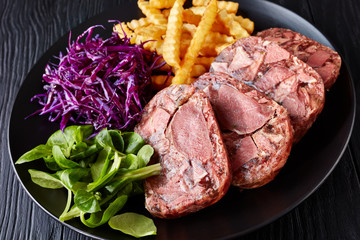 beef tongue aspic with coleslaw and french fries