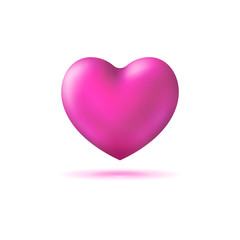 3D Realistic Pink Heart shape with shadow. Sparkling Saint Valentines holidays symbol isolated on white backdrop.