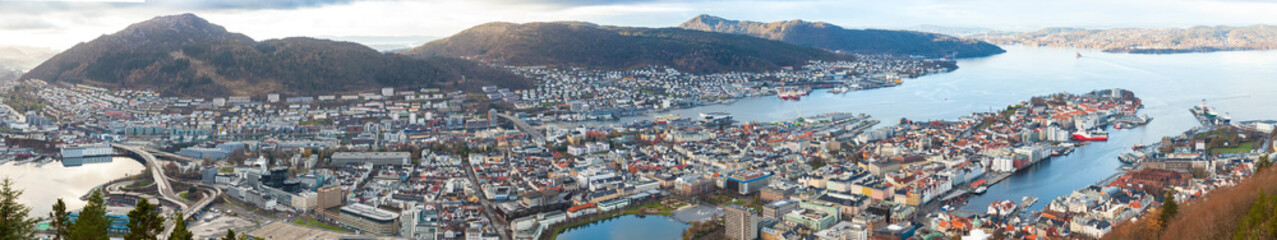 Fototapeta na wymiar Bergen, Norway. Aerial wide panorama