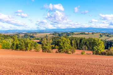 Typical red soil of countryside around Nova Paka. Agricultural Landscape with Giant Mountains on the background. Czech Republic. - obrazy, fototapety, plakaty