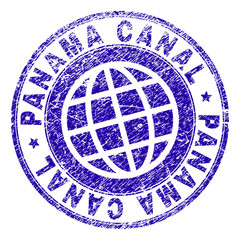 PANAMA CANAL stamp imprint with distress texture. Blue vector rubber seal imprint of PANAMA CANAL title with grunge texture. Seal has words placed by circle and globe symbol.